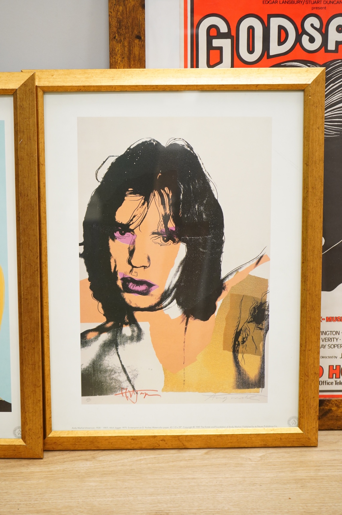 A pair of Andy Warhol late 20th century off set lithographs of Mick Jagger and Grace Kelly, 39 x 29cm